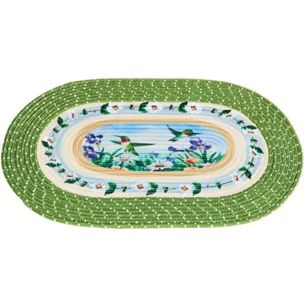 OVAL BRAIDED KITCHEN RUG (20"x30") BIRDS & DAISIES FLOWERS, green, CE